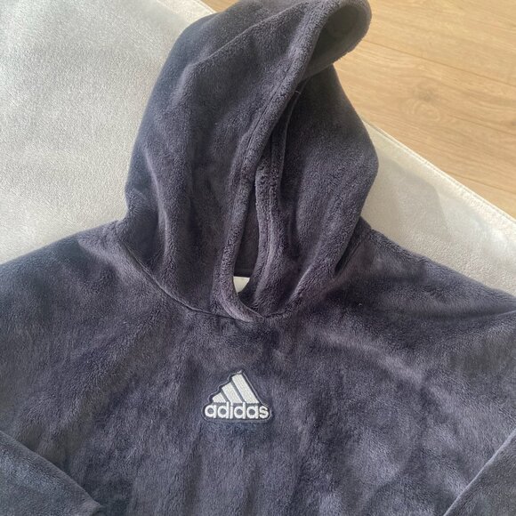 Like NEW! Adidas Plush Velour Black Sweatshirt with White Logo Cozy Sz Youth L - Picture 2 of 7